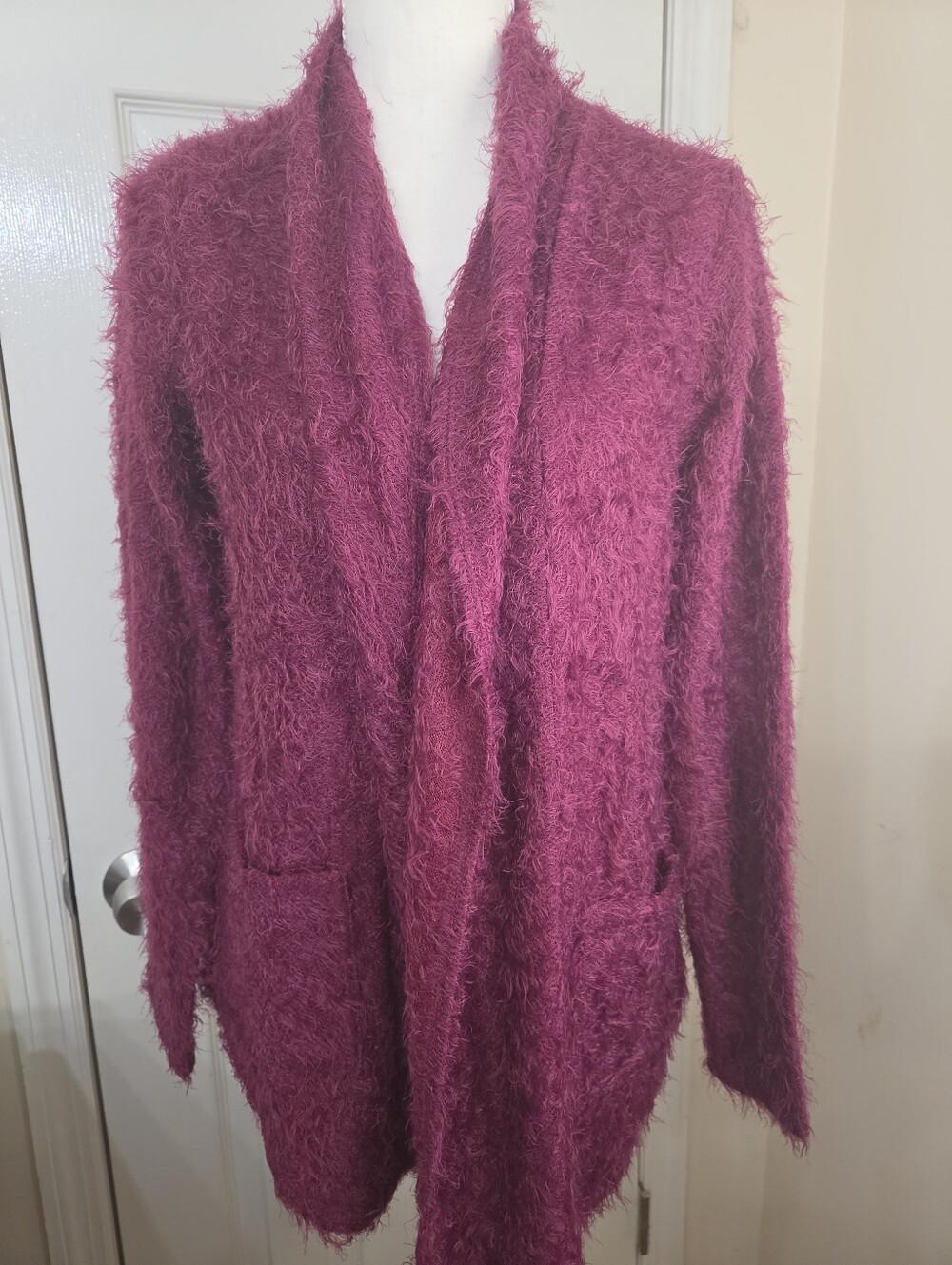 Colleen Lopez Fuzzy Open-Front Cardigan in Berry